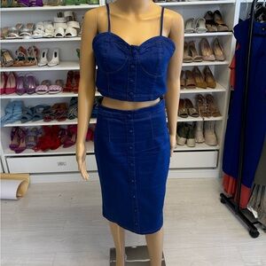 Two Piece Blue Bodycon Denim Midi Skirt Set